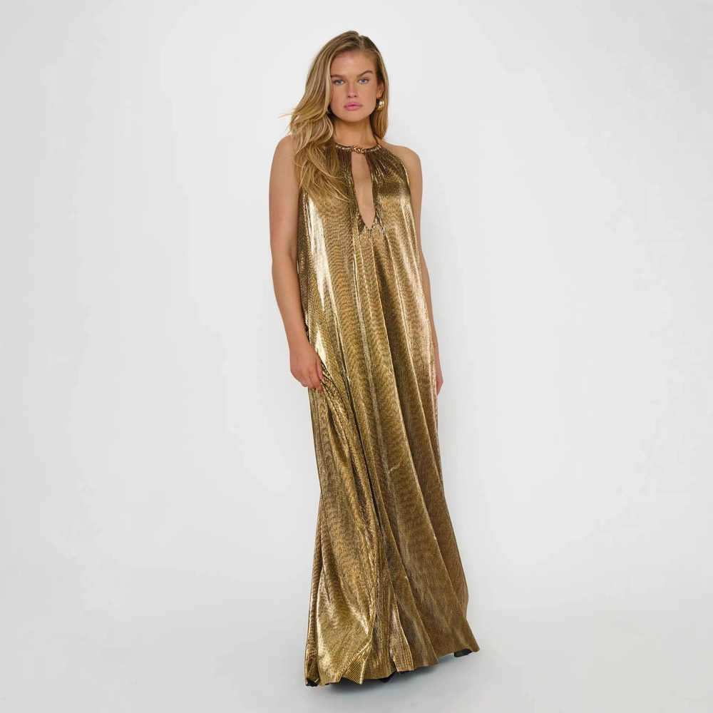 Zara Loose Gold Foil Print Halter Backless Sleeveless Flared Dress